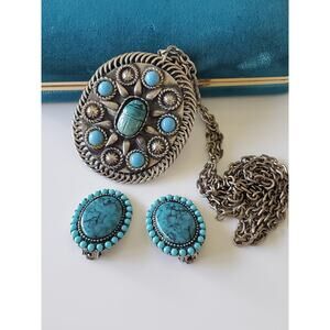 Vintage Faux Turquoise Roma Designer Earrings and Necklace